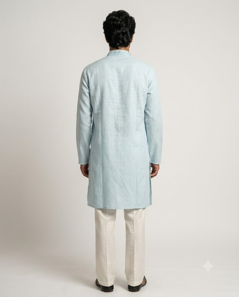 Rajwada Men’s Wear Premium Ice Blue Embroidered Silk Short Kurta