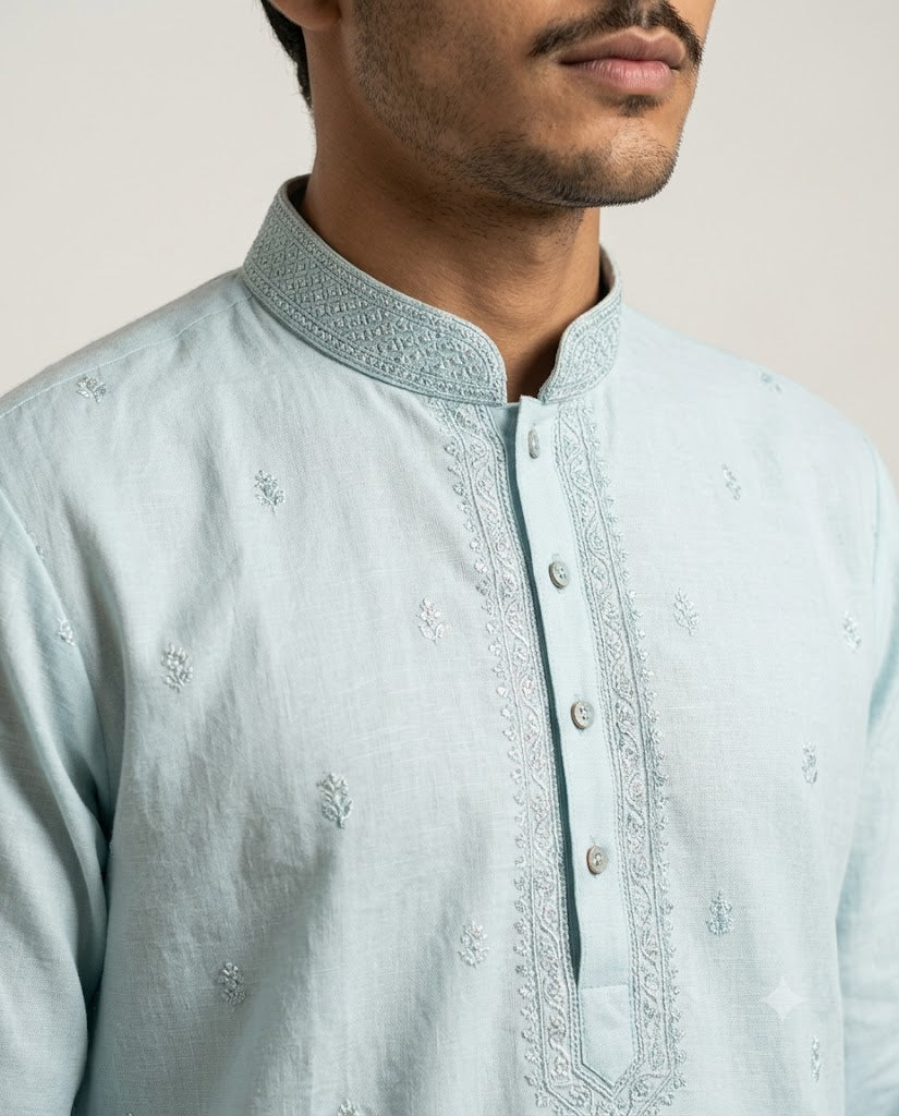 Rajwada Men’s Wear Premium Ice Blue Embroidered Silk Short Kurta