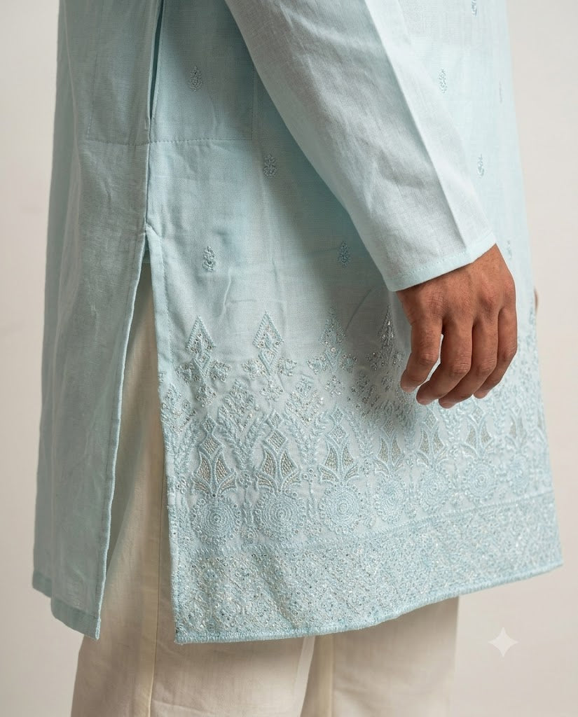 Rajwada Men’s Wear Premium Ice Blue Embroidered Silk Short Kurta