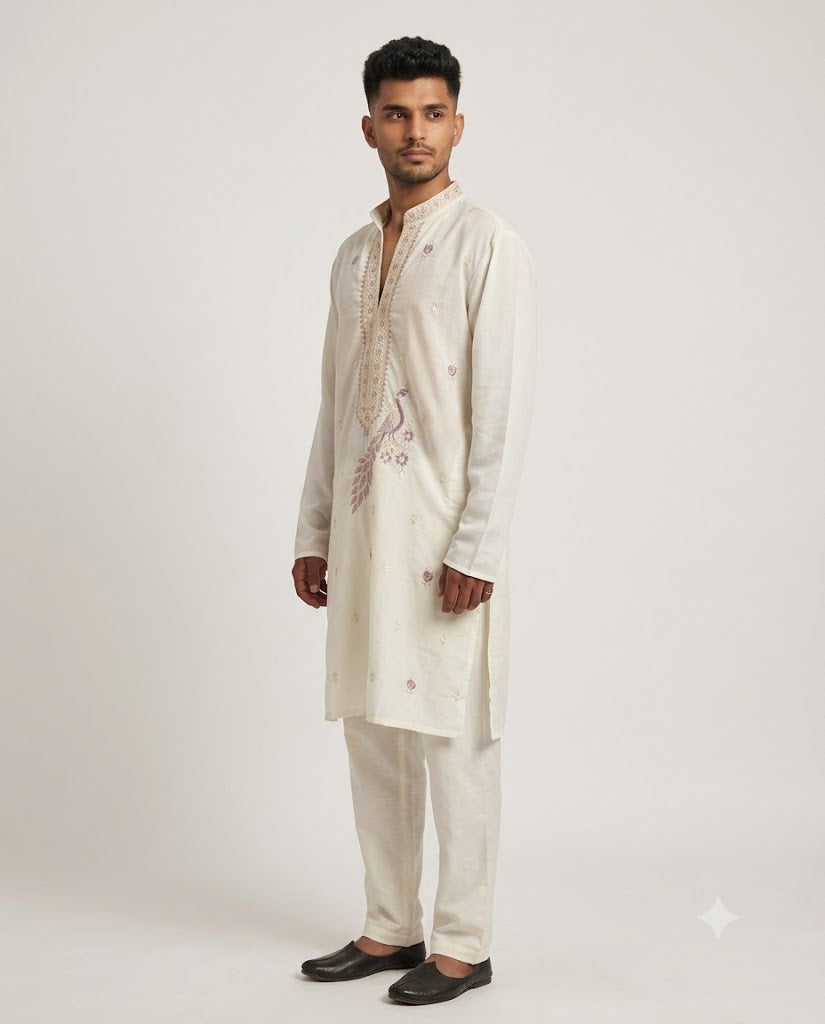 Rajwada Men’s Wear Premium Embroidered Silk V-Neck Kurta