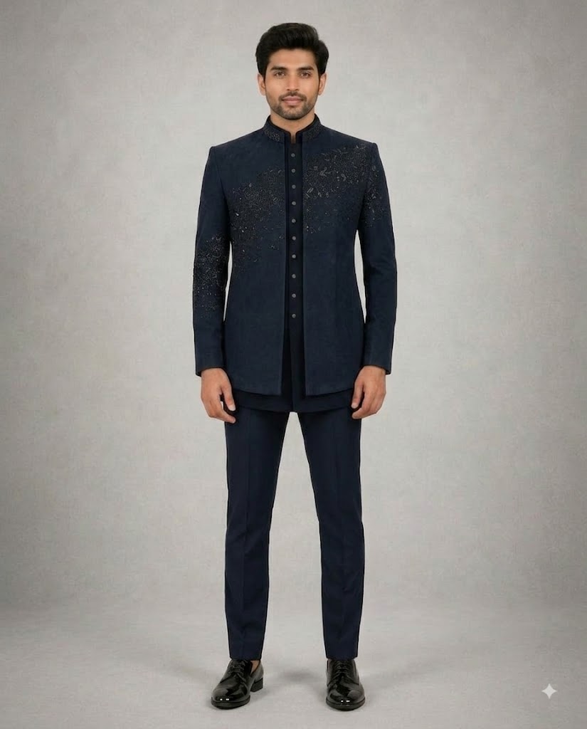 Rajwada Men’s Wear Premium Navy Blue 3-Piece Jodhpuri Suit