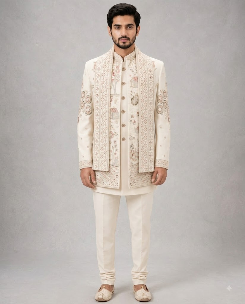 Rajwada Men’s Wear Premium Ivory 3-Piece Indo-Western Suit