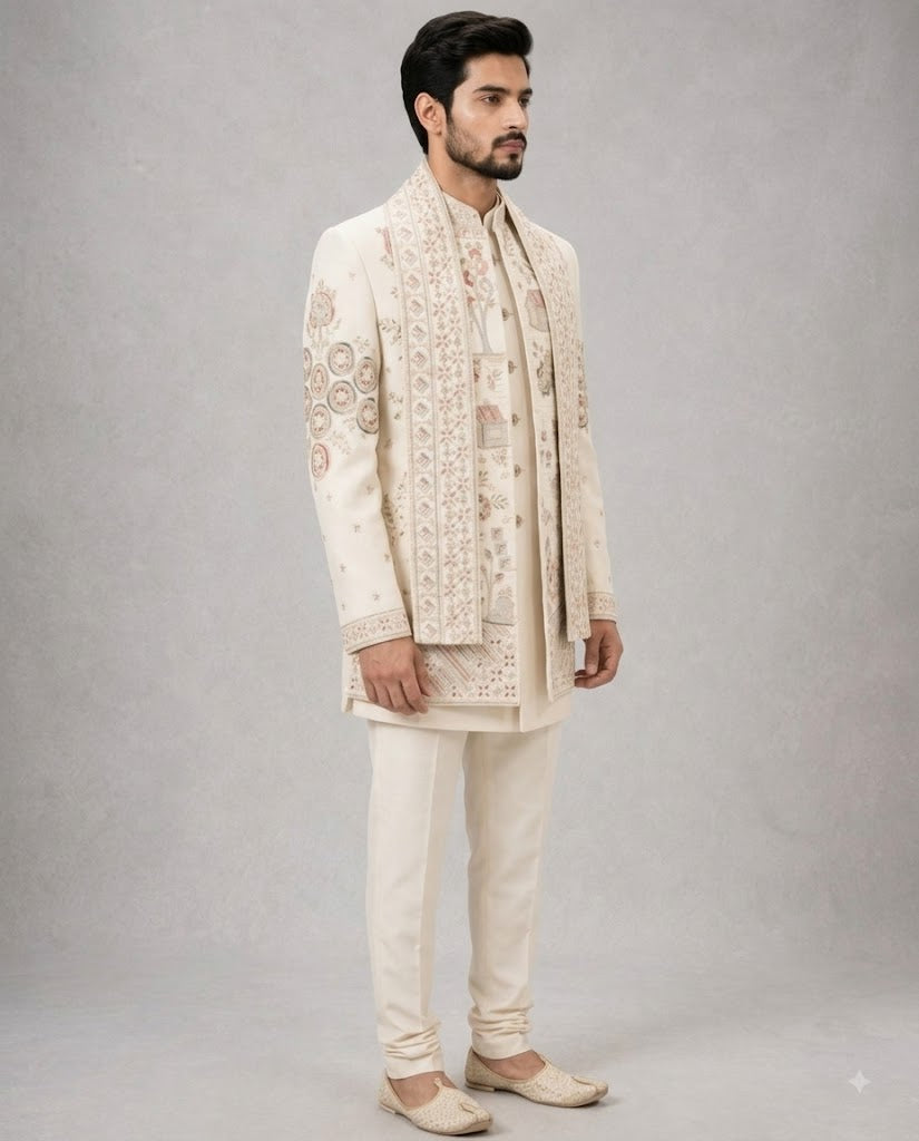 Rajwada Men’s Wear Premium Ivory 3-Piece Indo-Western Suit
