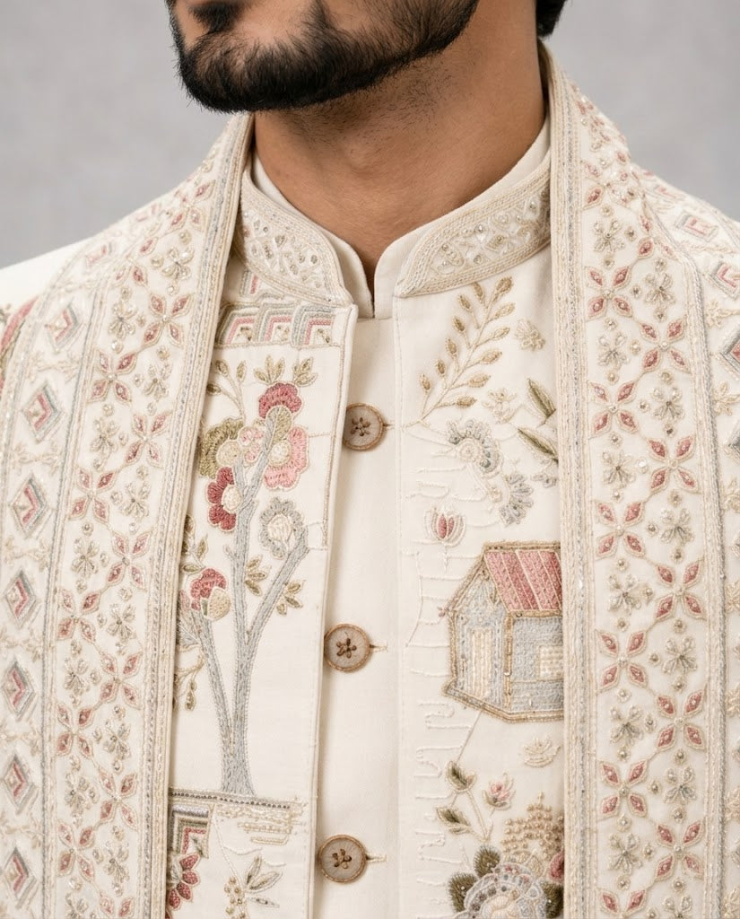 Rajwada Men’s Wear Premium Ivory 3-Piece Indo-Western Suit